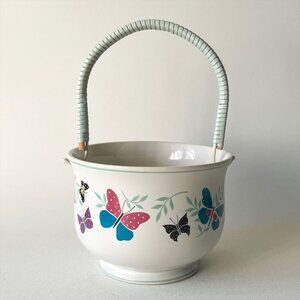 Vintage Ceramic Basket with Butterfly Design & Wrapped Handle Taiwan